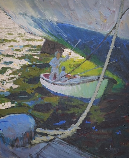 Late 20th century, oil on board, Figures in a rowing boat, indistinctly signed lower right, 74 x 61cm. Condition - fair to good